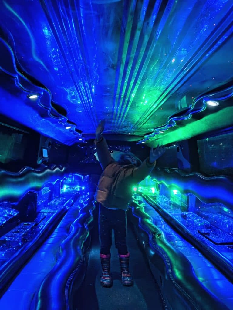 Interior of Hummer limousine showing the beautiful colors of the LED system inside