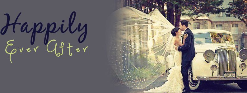 Groom kissing the bride on forehead while leaning on the vintage wedding car, written on it happily ever after